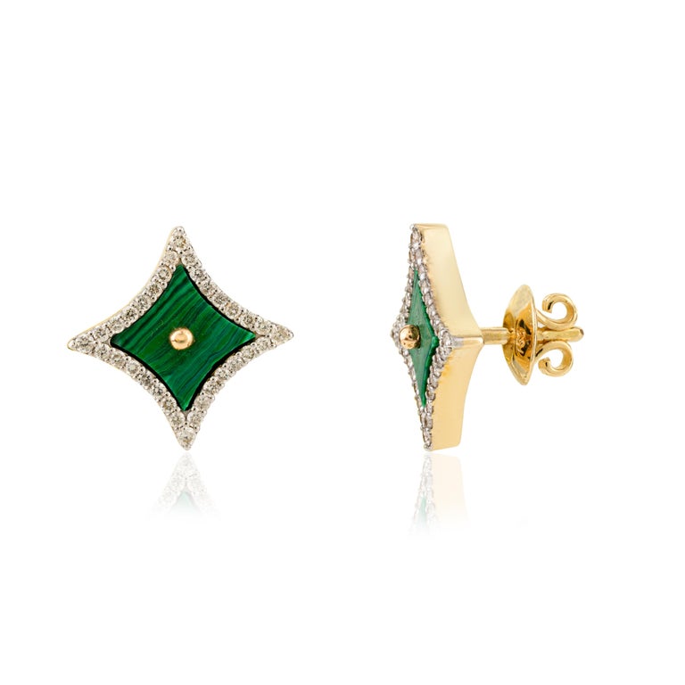 18K Solid Yellow Gold 5.241 Ctw Malachite Sparkle Shape Stud Earrings Image