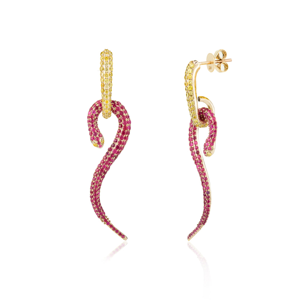 18K Solid Yellow Gold Ruby Diamond Serpentine Earrings Image