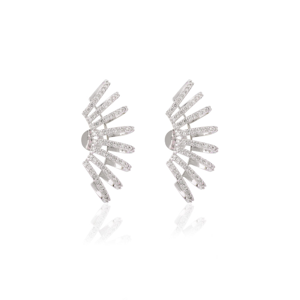 18K Solid White Gold Cocktail Climber Diamond Cuff Earrings Image