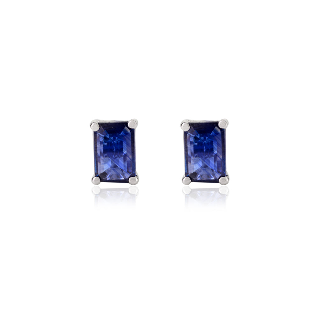 14K Solid White Gold Blue Sapphire Stud Earrings Image