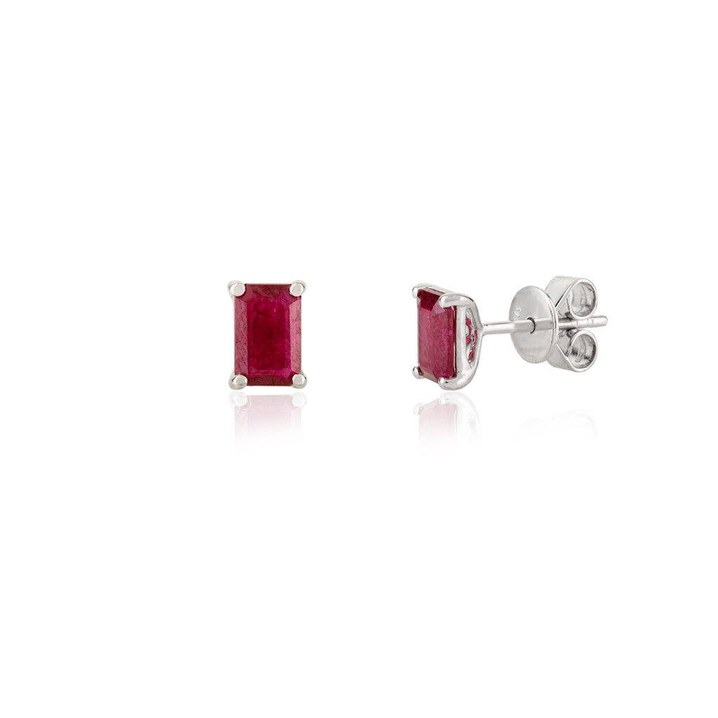 14K Solid White Gold Ruby Gemstone Stud Earrings Image