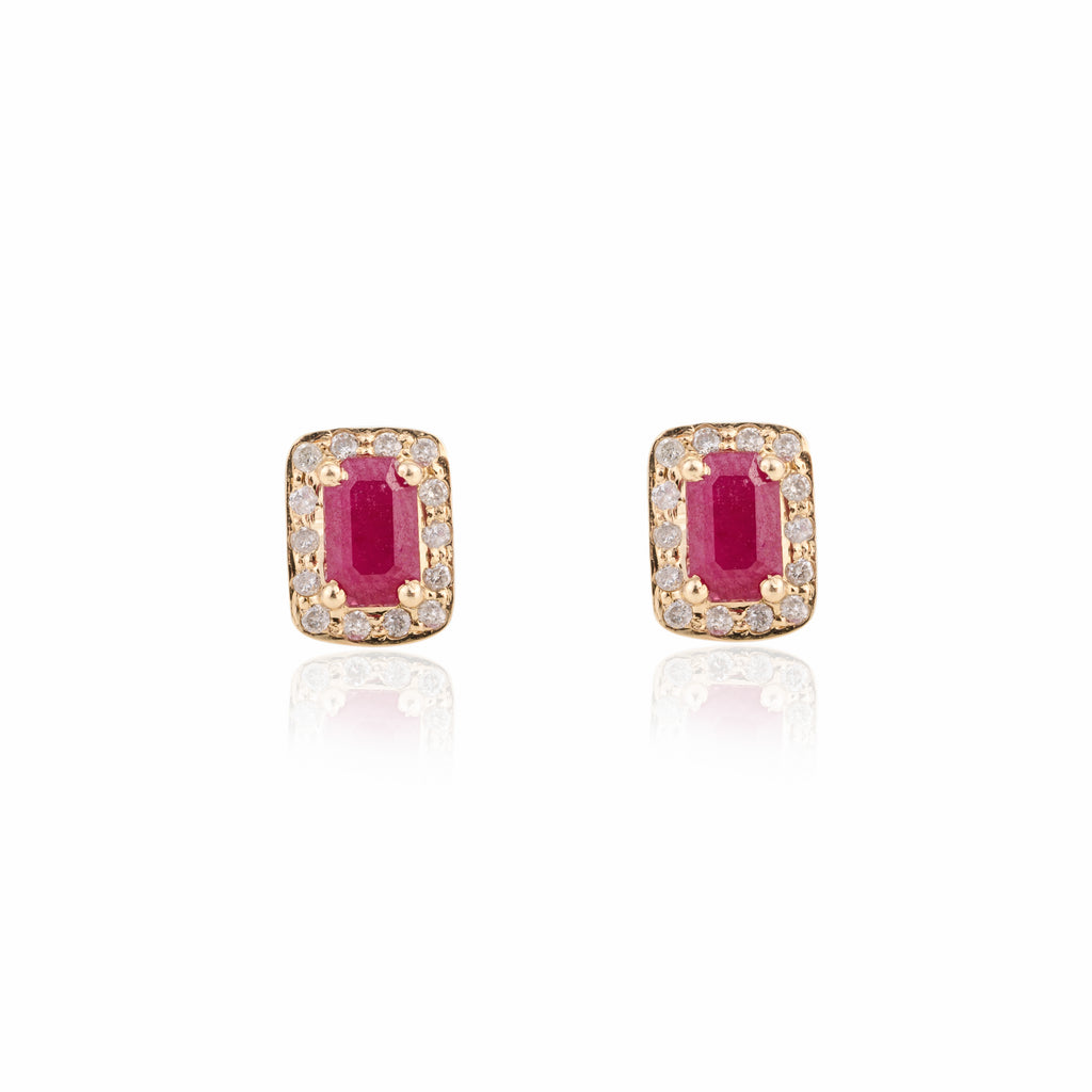 14K Ruby Halo Diamond Stud Earrings Image