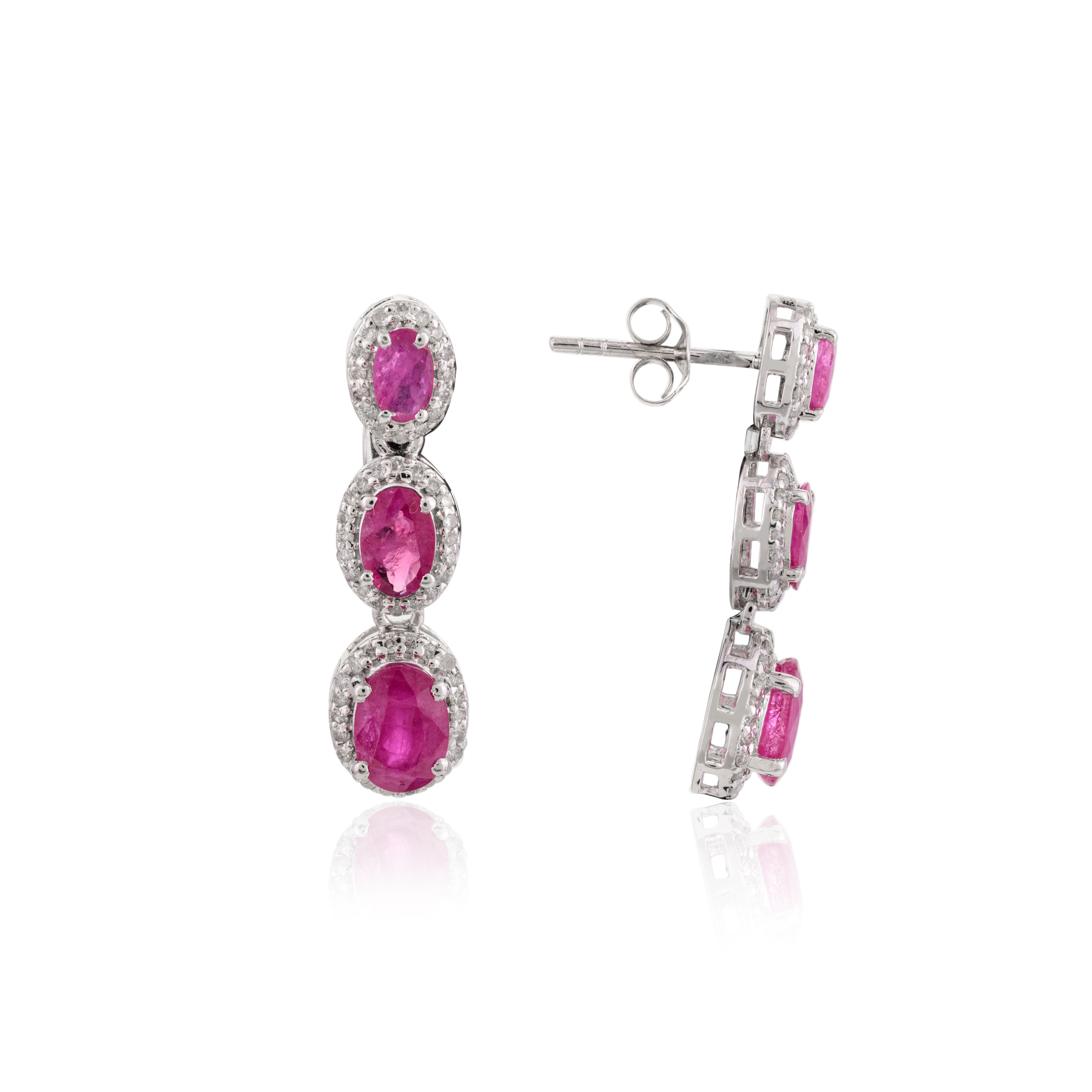 14K Ruby Diamond Dangling Earrings