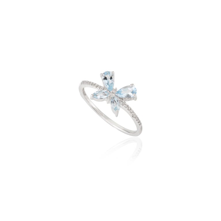 18K Solid White Gold Aquamarine Butterfly Ring