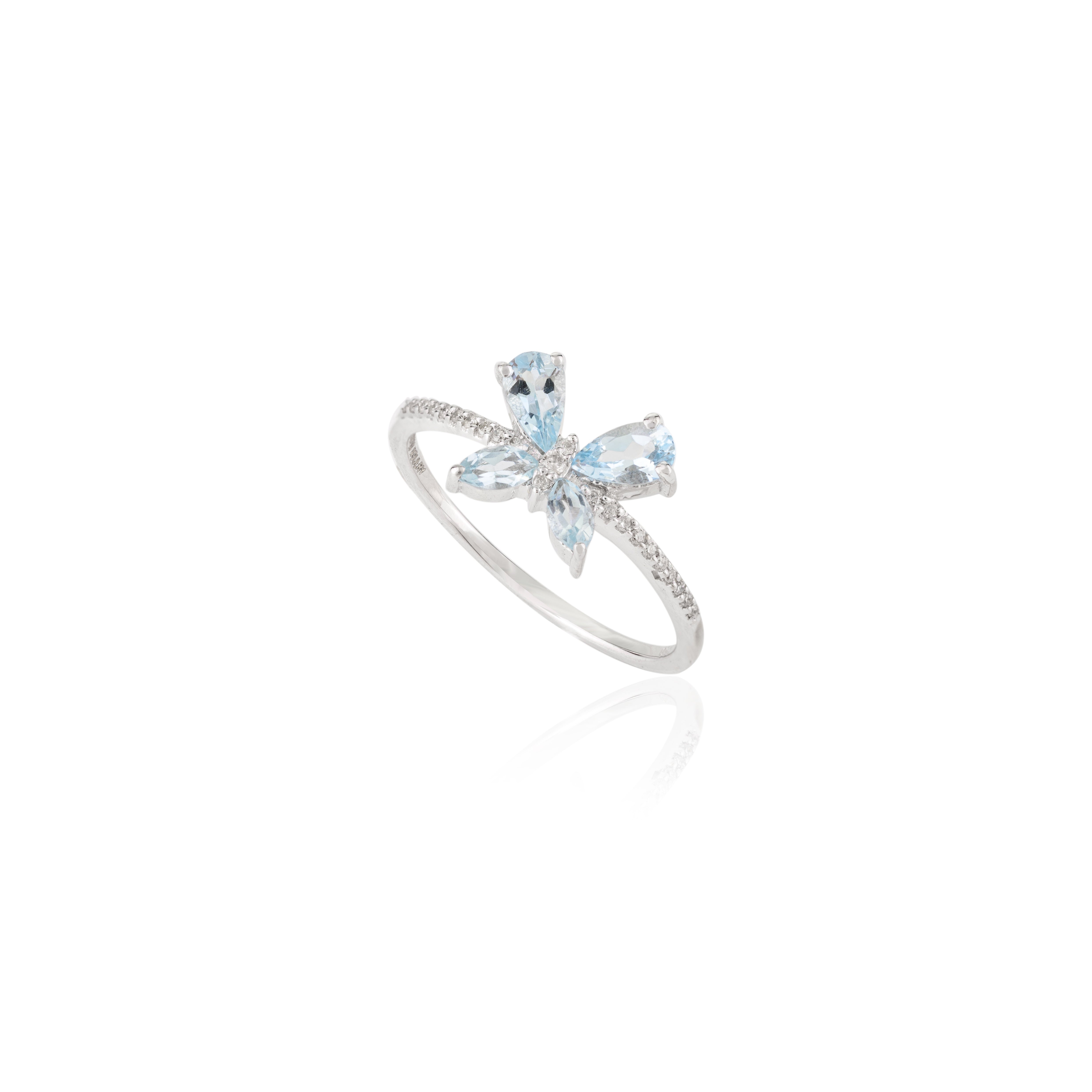 18K Solid White Gold Aquamarine Butterfly Ring