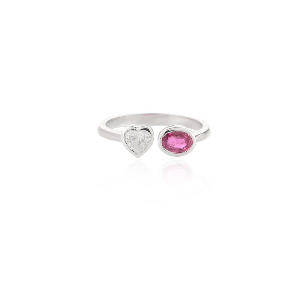 18K Gold Heart Diamond & Oval Ruby Toi et Moi Ring Image