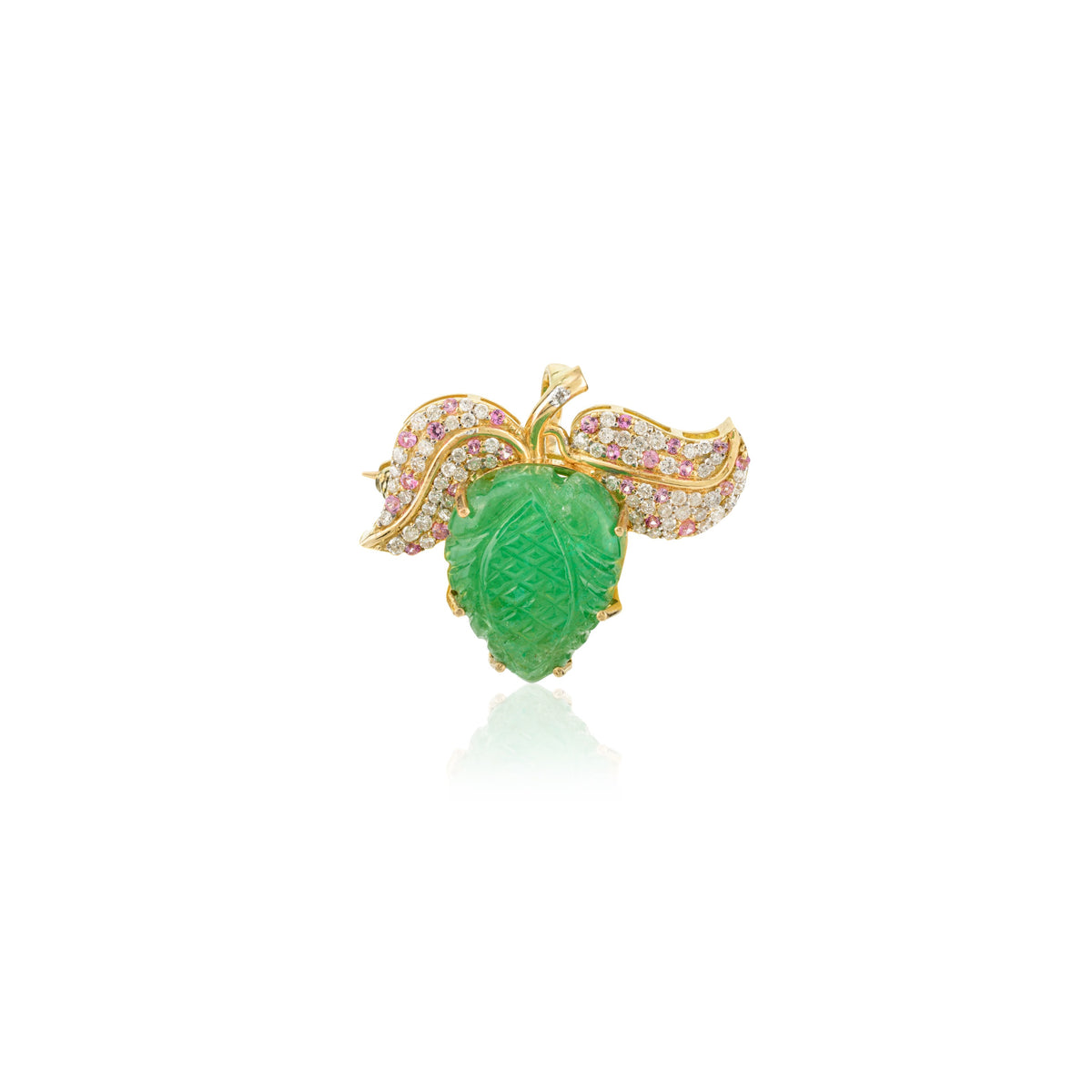 18K Solid Yellow Gold  8.88 Carat Carved Leaf Emerald Brooch Pin