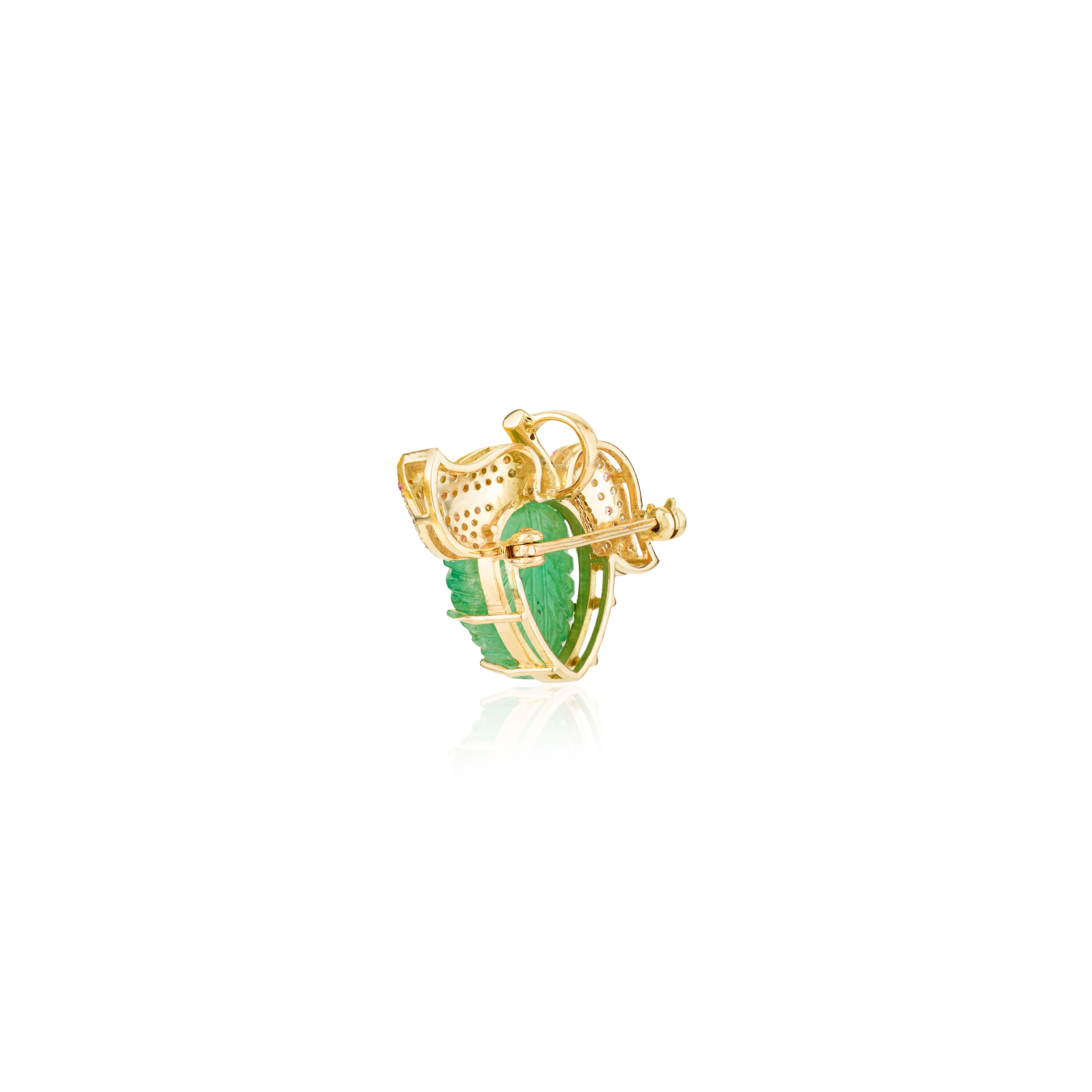 18K Solid Yellow Gold  8.88 Carat Carved Leaf Emerald Brooch Pin