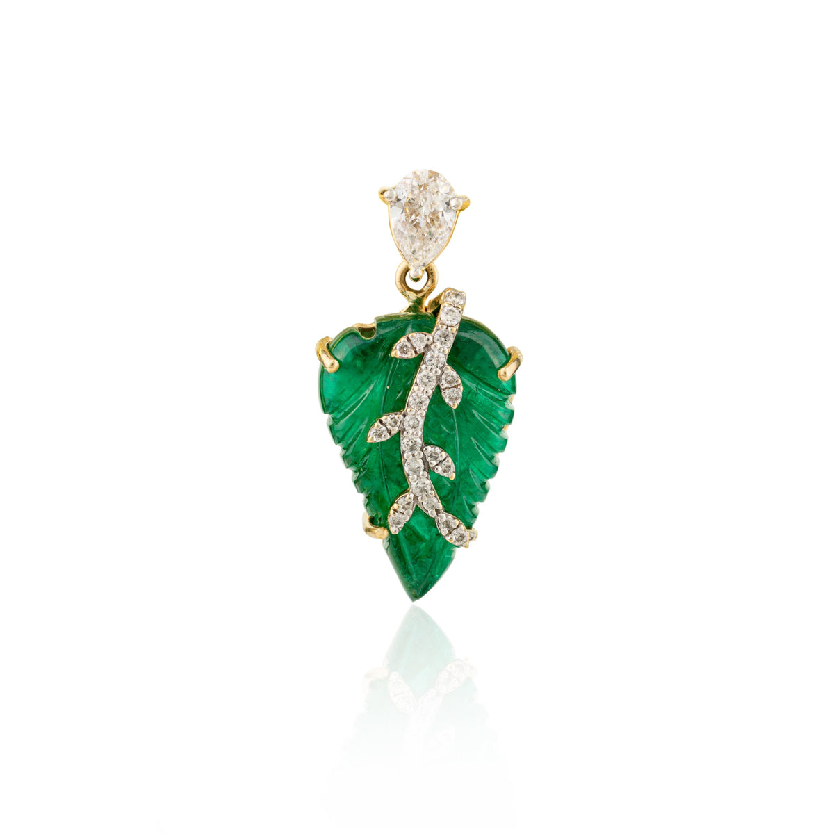 18K Solid Yellow Gold 9.99 Carat Carved Leaf Emerald Brooch Pendant