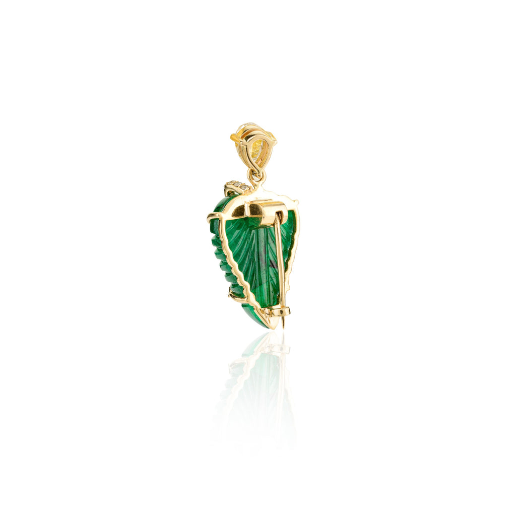 18K Solid Yellow Gold 9.99 Carat Carved Leaf Emerald Brooch Pendant Image