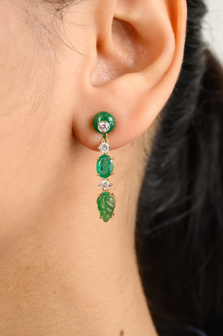 18K Yellow Gold Carved Emerald Diamond Earrings