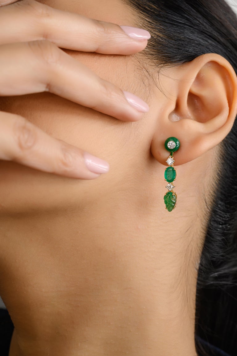 18K Yellow Gold Carved Emerald Diamond Earrings