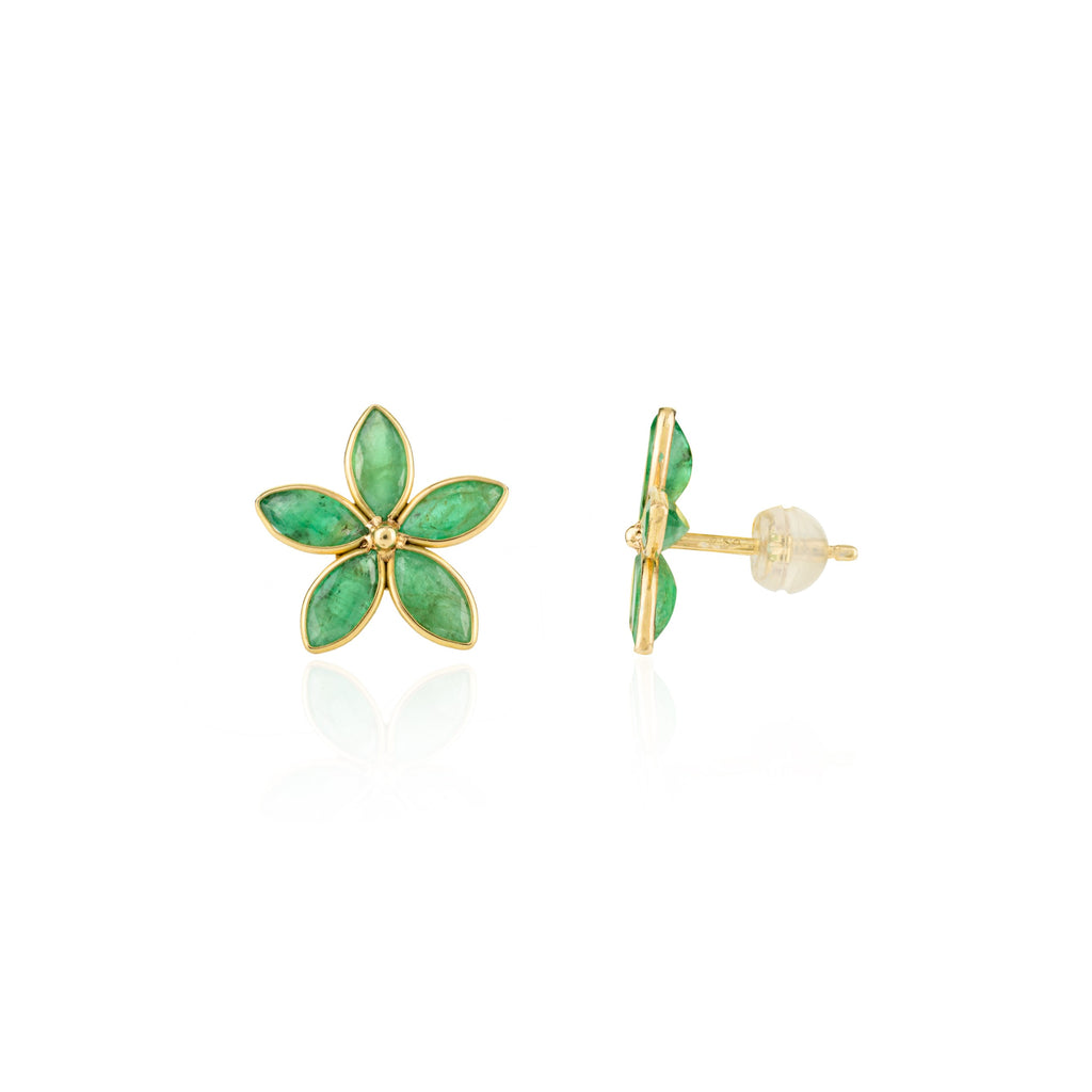 18K Solid Yellow Gold Emerald Flower Stud Earrings Image