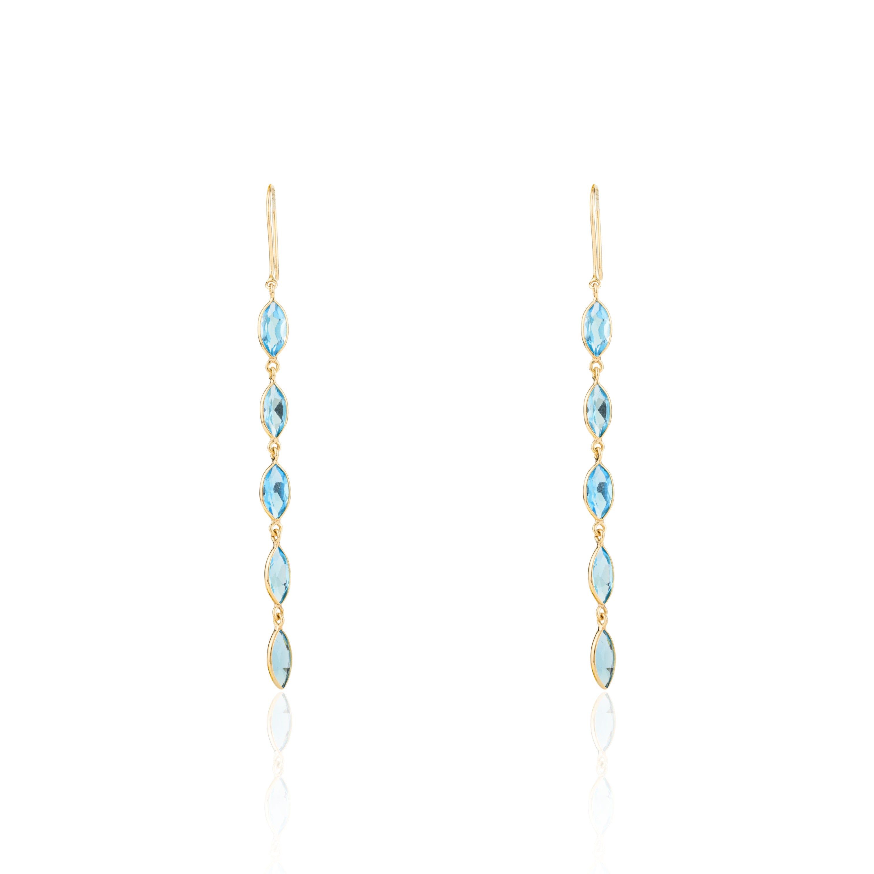 18K Yellow Gold Marquise Blue Topaz Gemstone Drop Earrings