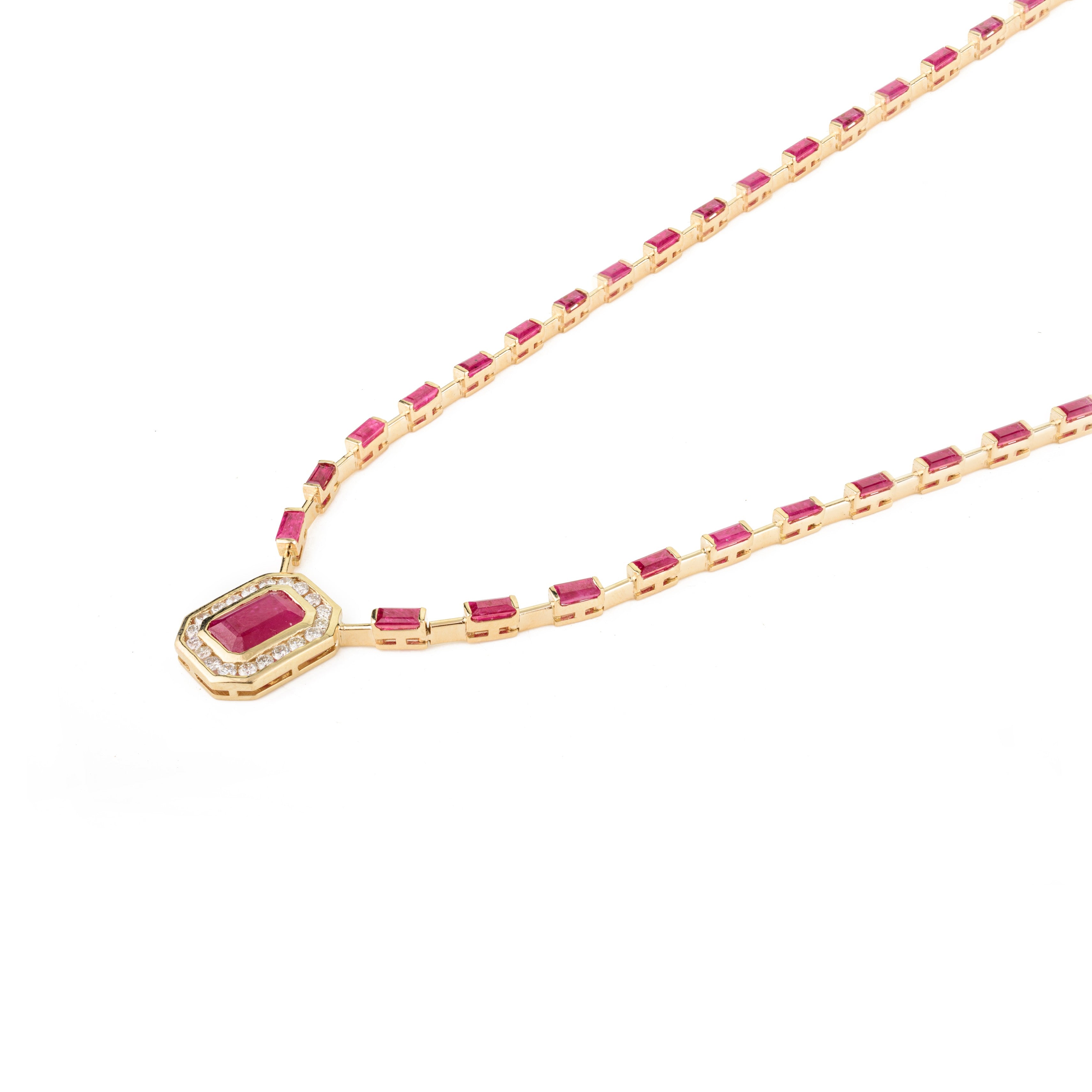 14K Solid Yellow Gold Ruby Diamond Necklace