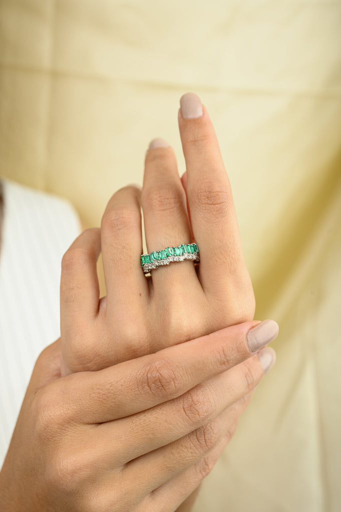 18K Solid White Gold Emerald Diamond Eternity Band Image