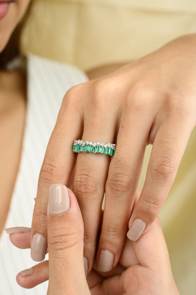 18K Solid White Gold Emerald Diamond Eternity Band Image