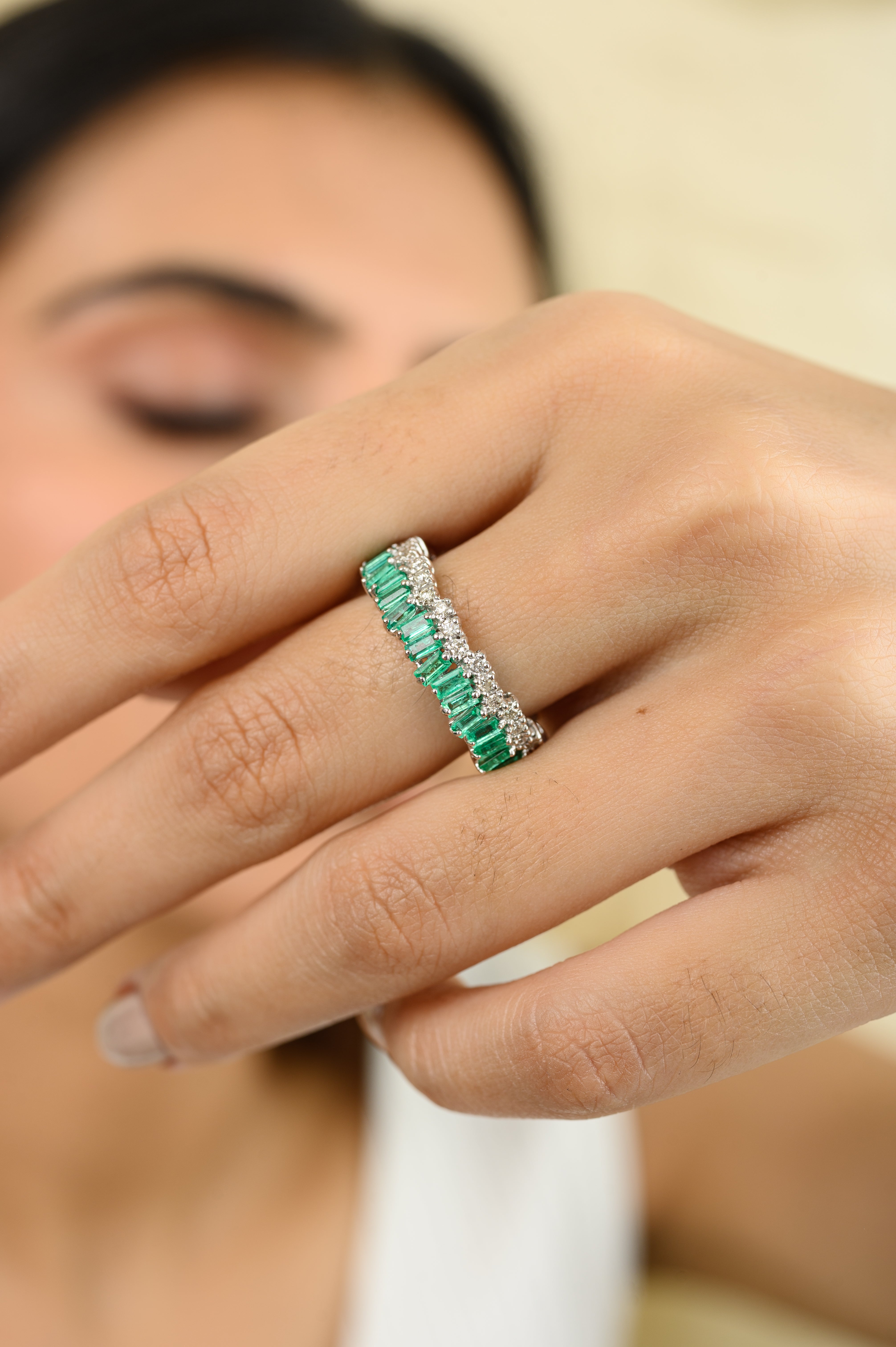 18K Solid White Gold Emerald Diamond Eternity Band