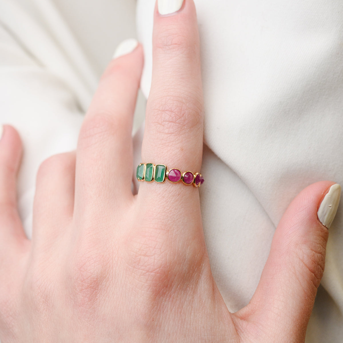 18K Gold Emerald Ruby Eternity Band