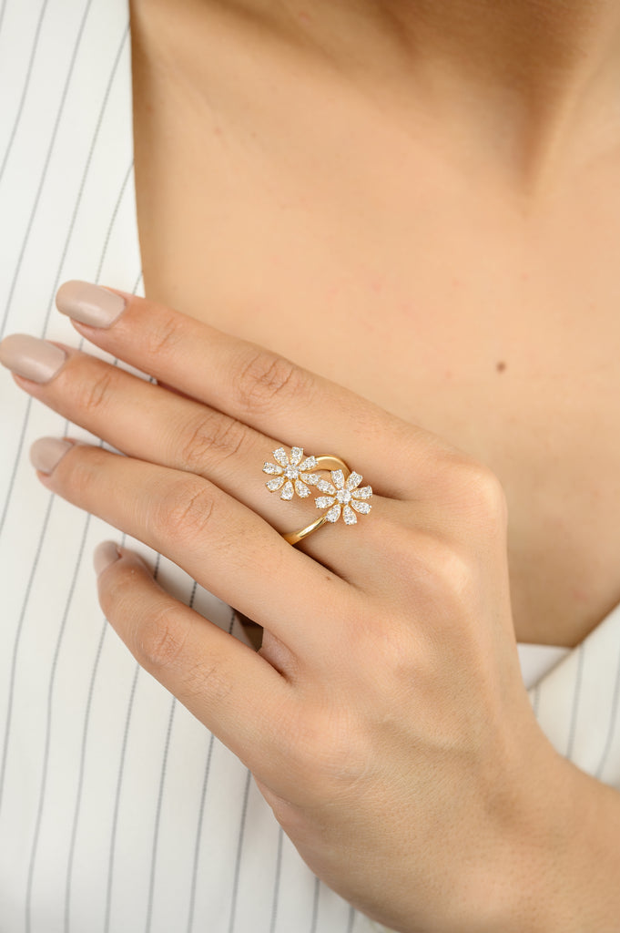 Diamond Flower By Pass Ring in 18k Yellow Gold Image