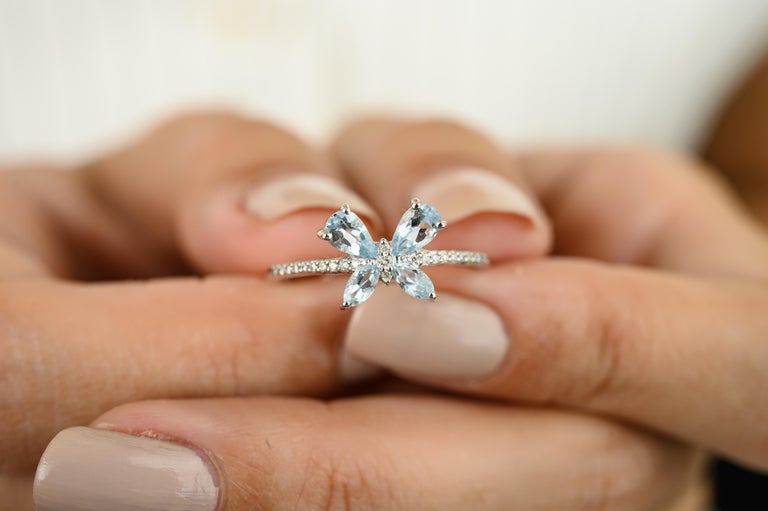 18K Solid White Gold Aquamarine Butterfly Ring