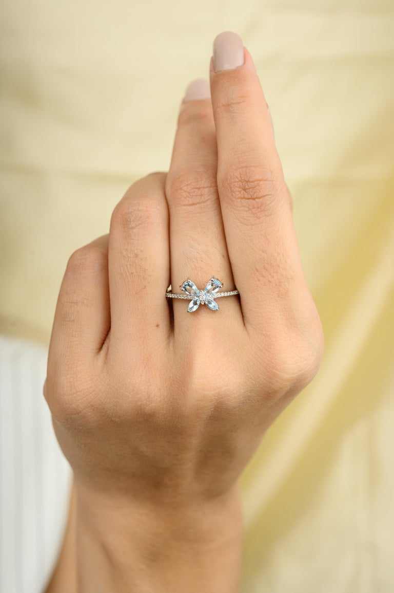 18K Solid White Gold Aquamarine Butterfly Ring