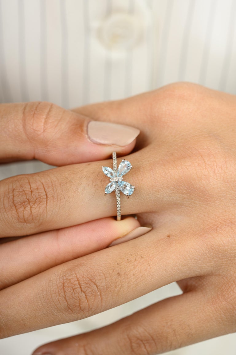 18K Solid White Gold Aquamarine Butterfly Ring