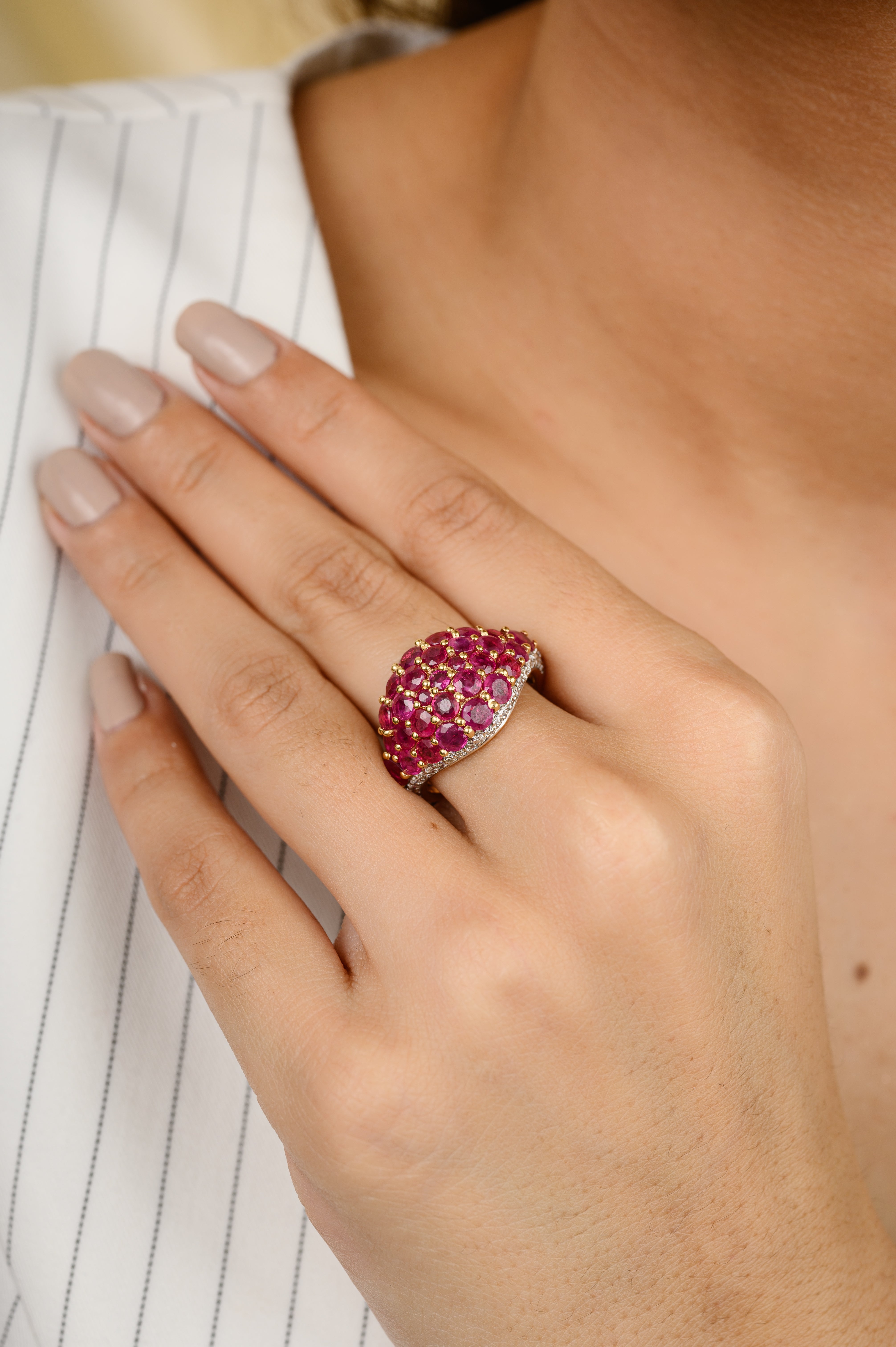 18K Solid Yellow Gold Ruby Cluster Ring