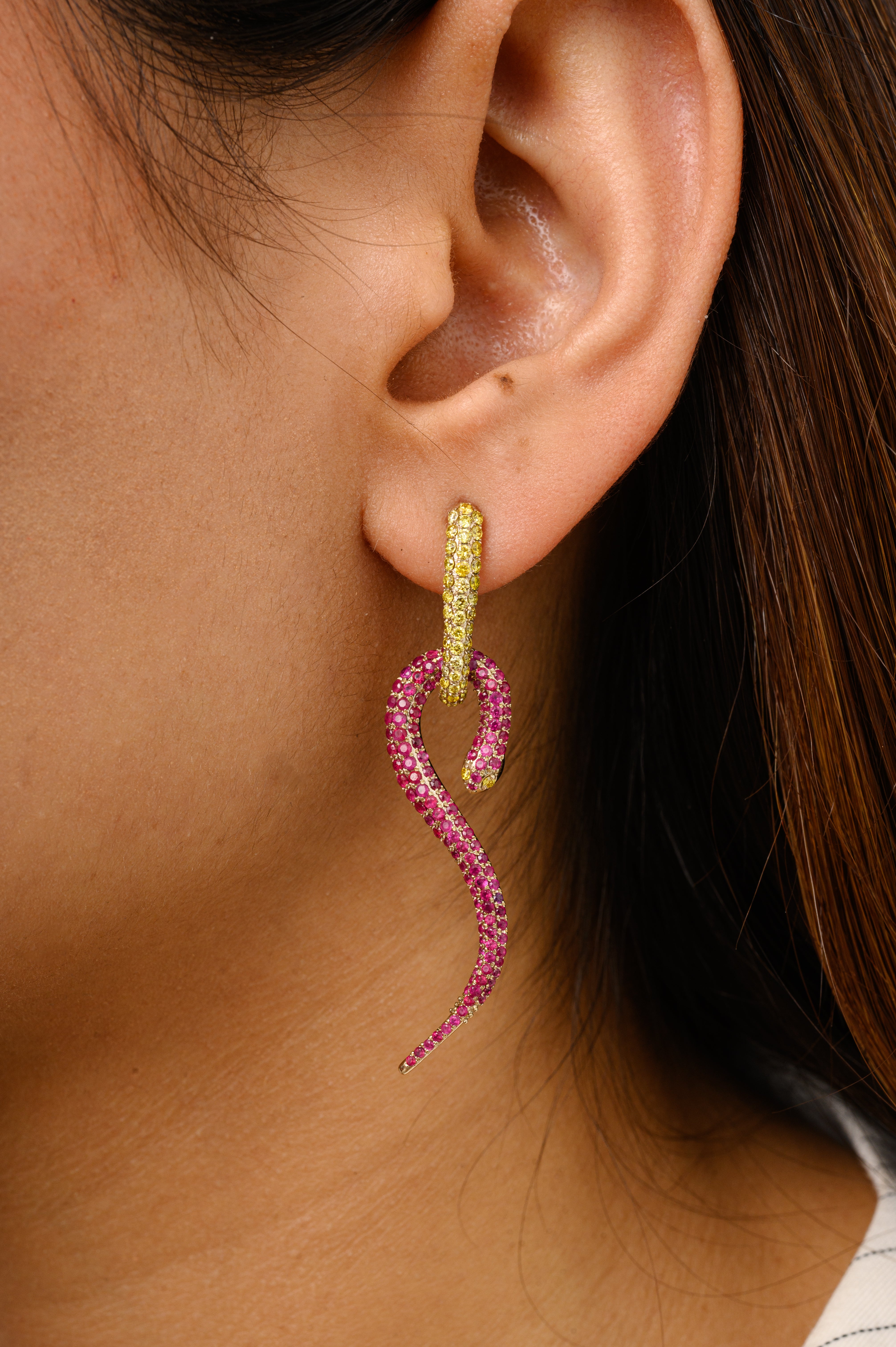 18K Solid Yellow Gold Ruby Diamond Serpentine Earrings