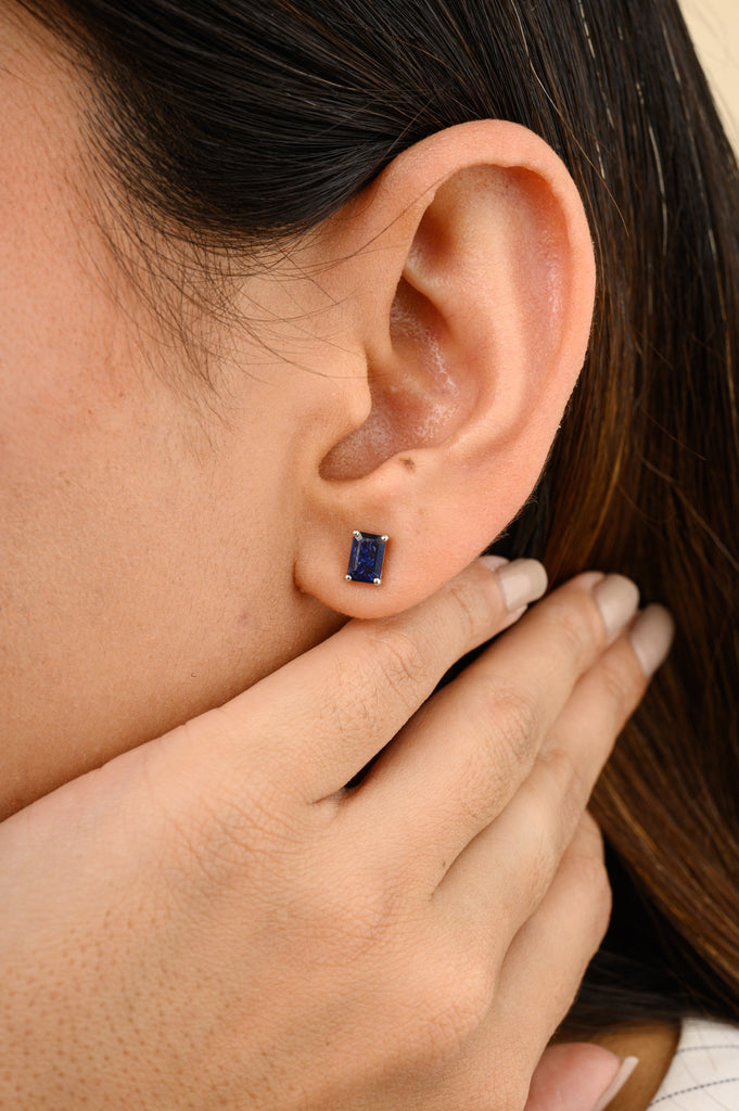14K Solid White Gold Blue Sapphire Stud Earrings Image