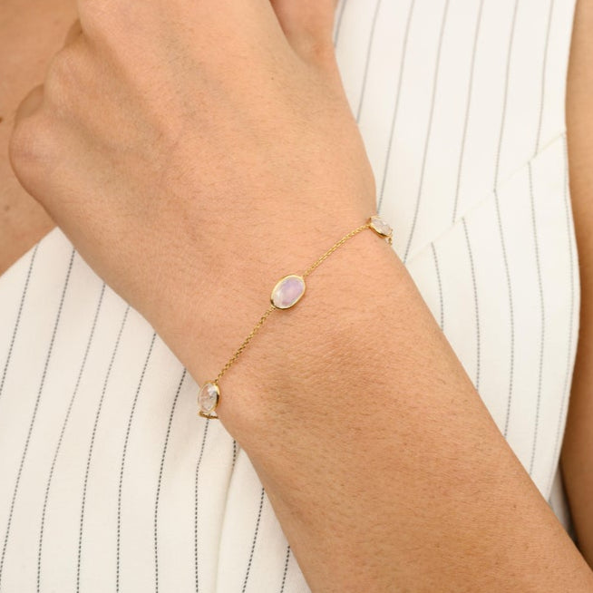 18K Solid Yellow Gold Rainbow Moonstone Chain Bracelet - vrjewels-us