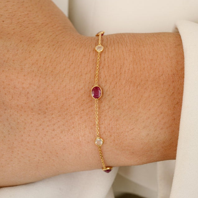 18K Solid Yellow Gold Ruby Diamond Chain Bracelet - vrjewels-us