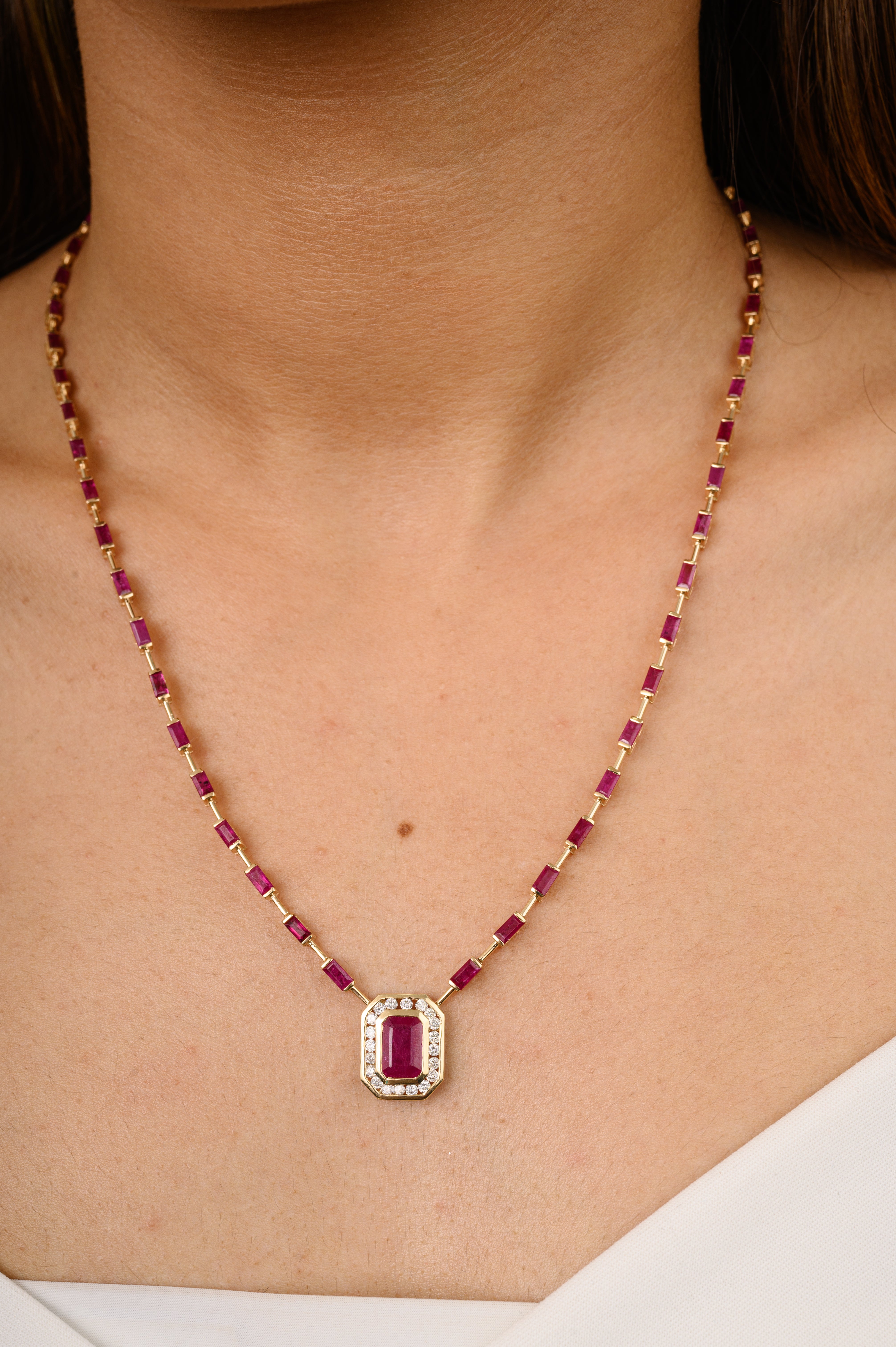 14K Solid Yellow Gold Ruby Diamond Necklace