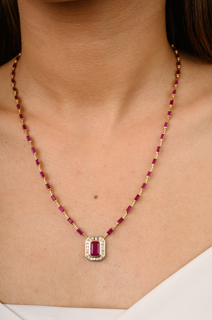 14K Solid Yellow Gold Ruby Diamond Necklace Image