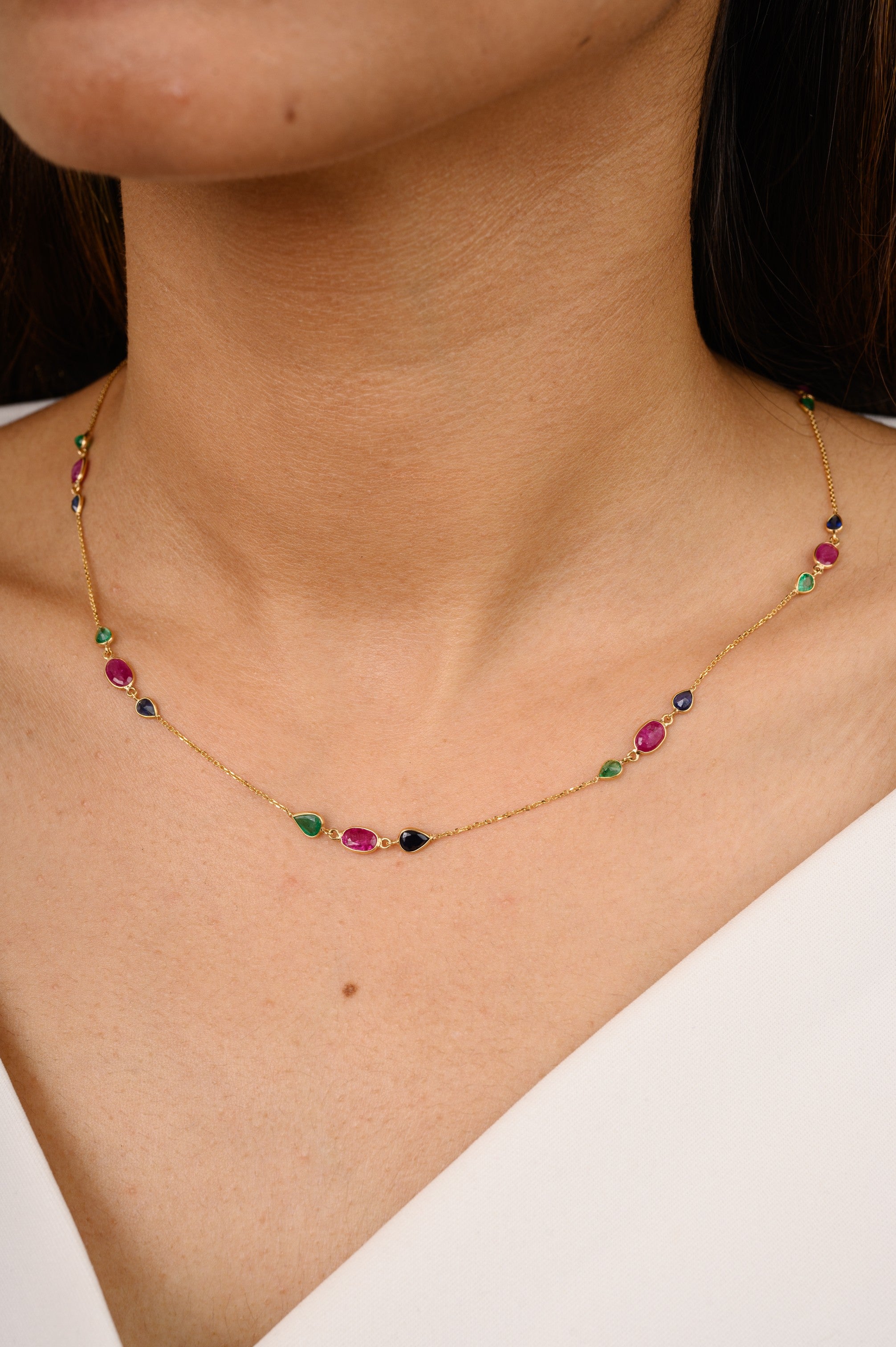 18K Solid Yellow Gold Multi Gemstone Station Necklace