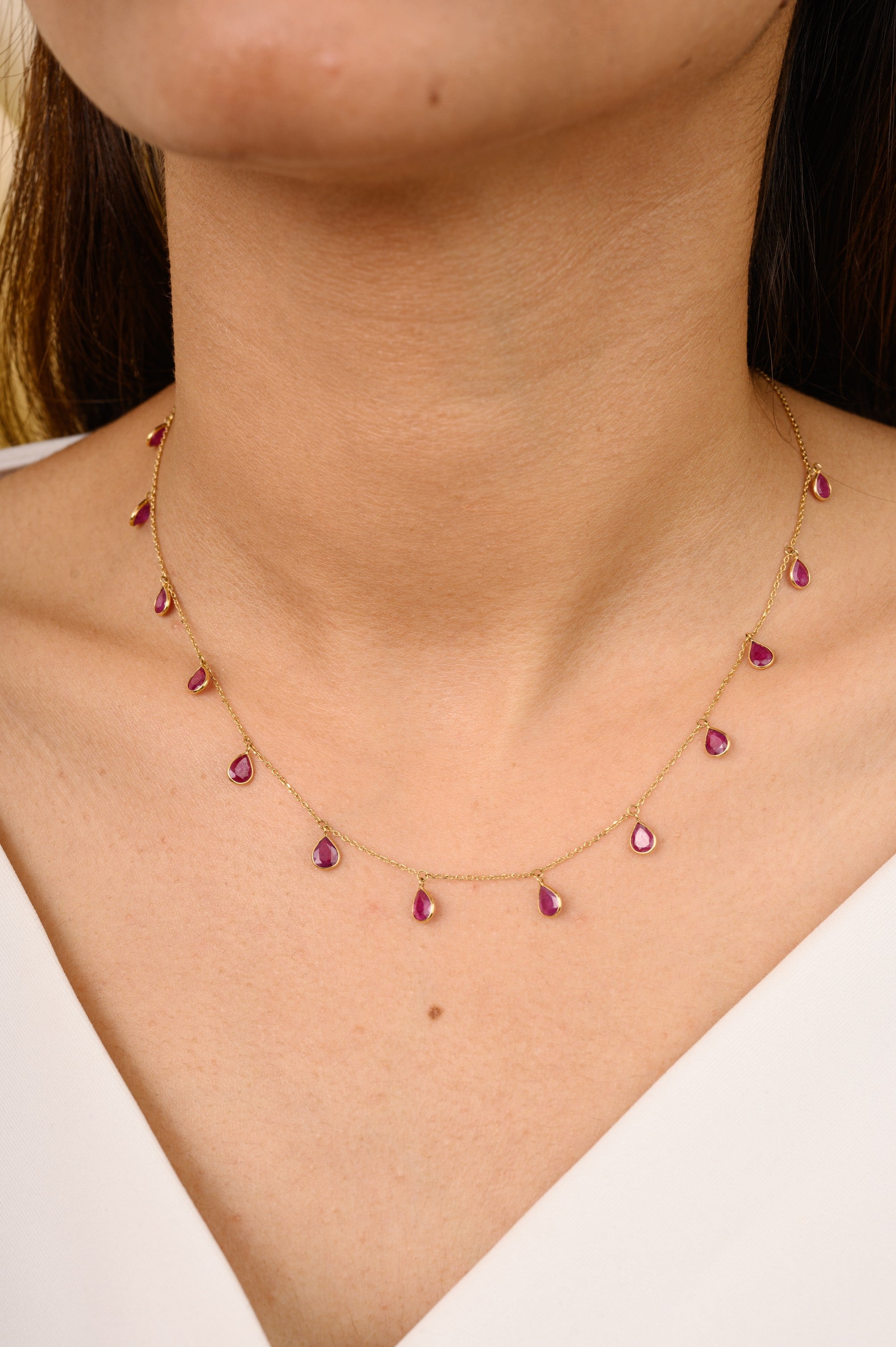 18K Solid Yellow Gold Ruby Station Necklace