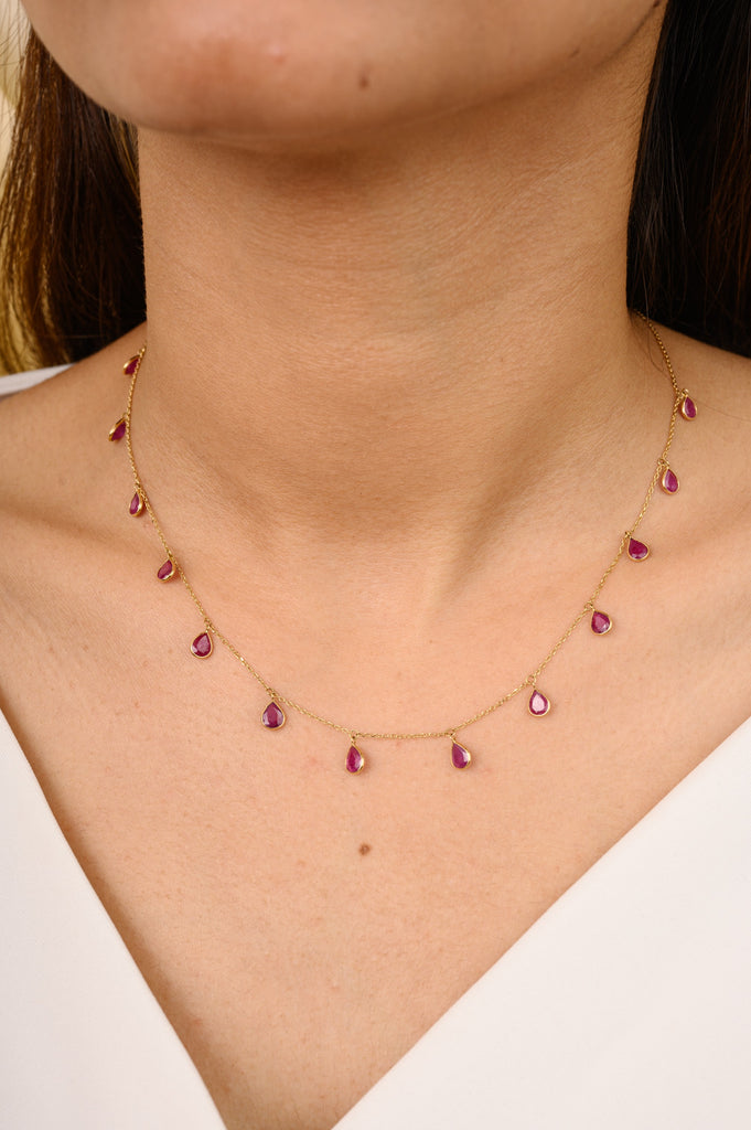 18K Solid Yellow Gold Ruby Station Necklace Image