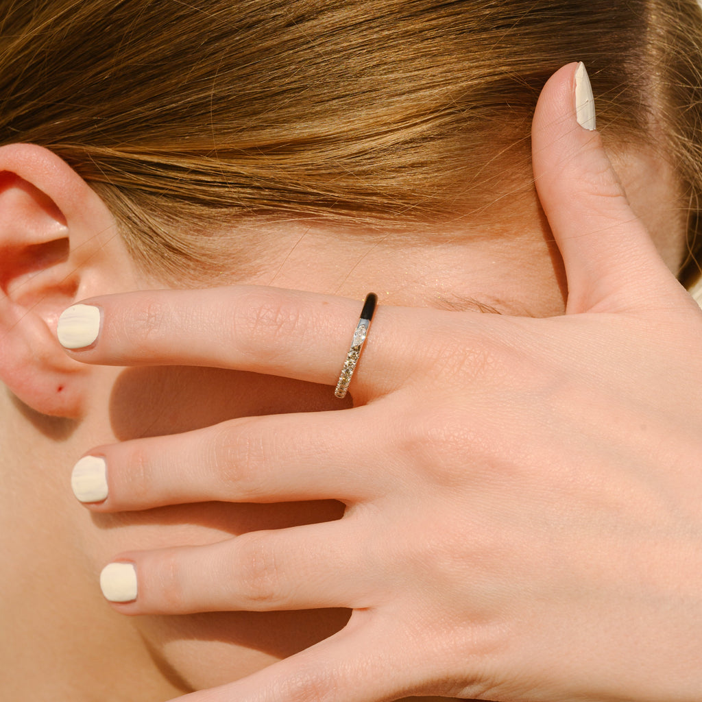 14K Gold Diamond Black Enamel Ring Image