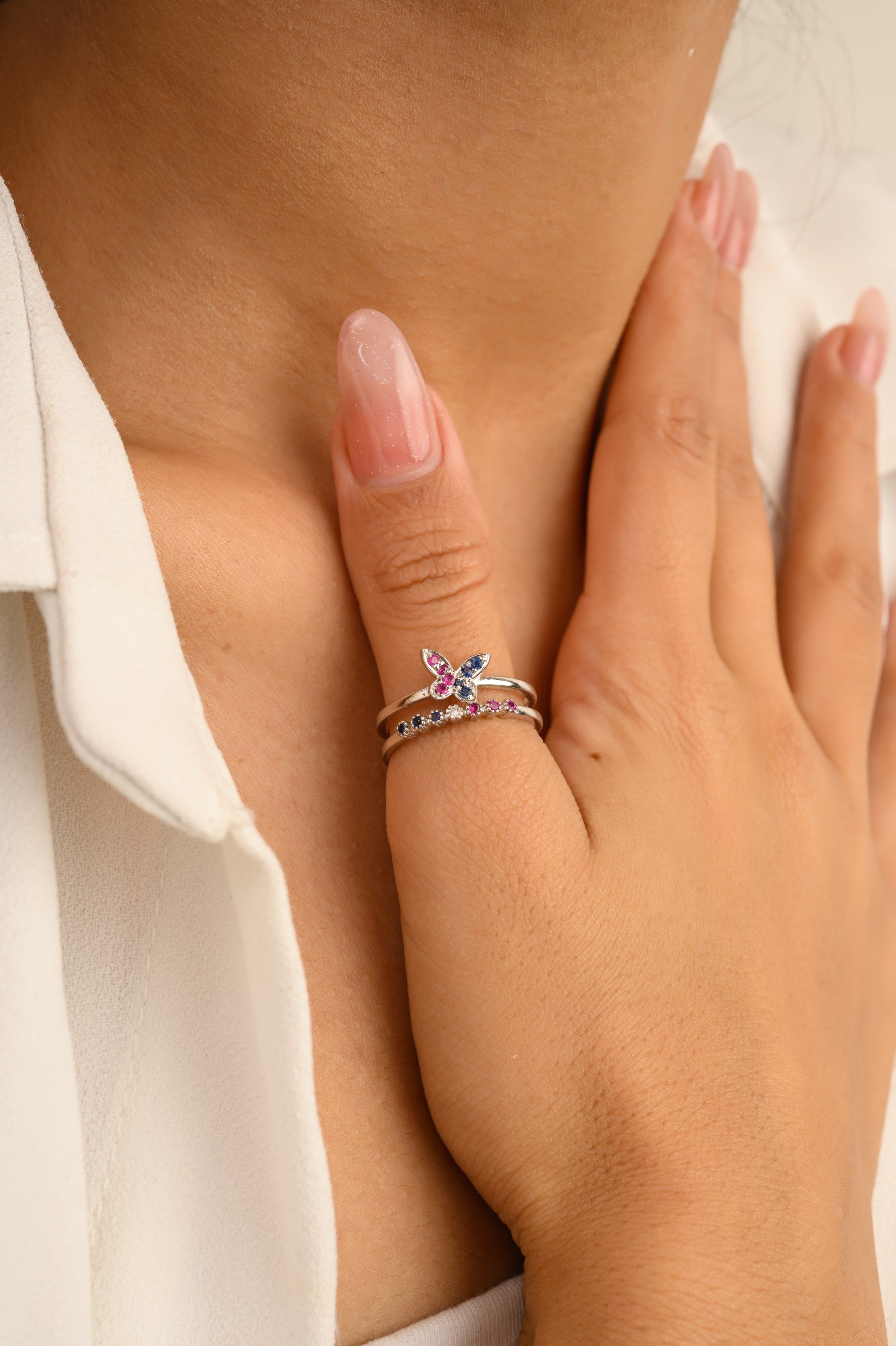 14K Solid White Gold Multi Gemstone Butterfly Ring