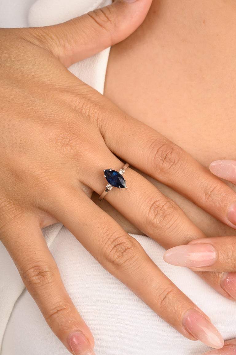 14K Solid White Gold Marquise Sapphire Ring