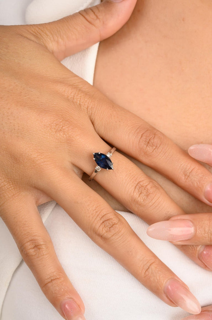 14K Solid White Gold Marquise Sapphire Ring Image