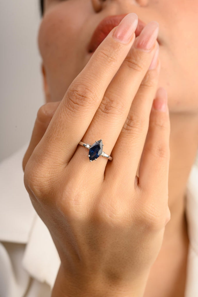 14K Solid White Gold Marquise Sapphire Ring Image