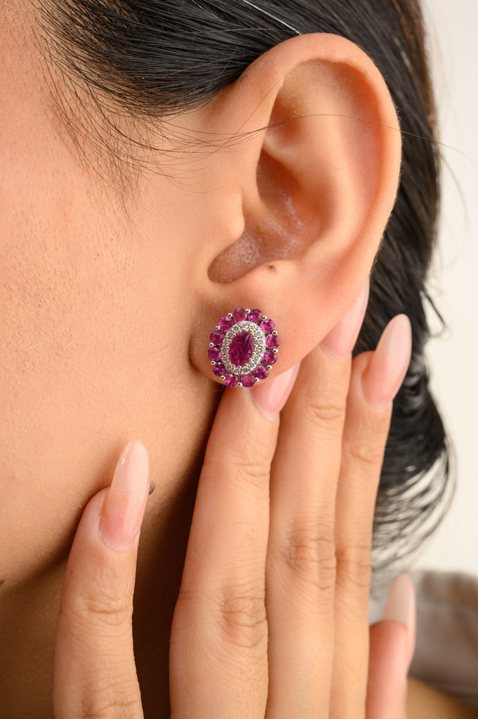 14K Solid White Gold Ruby Diamond Cluster Studs Image