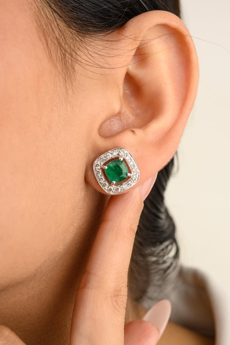 14K Solid White Gold Emerald Halo Diamond Halo Stud Earrings - 2 Pieces