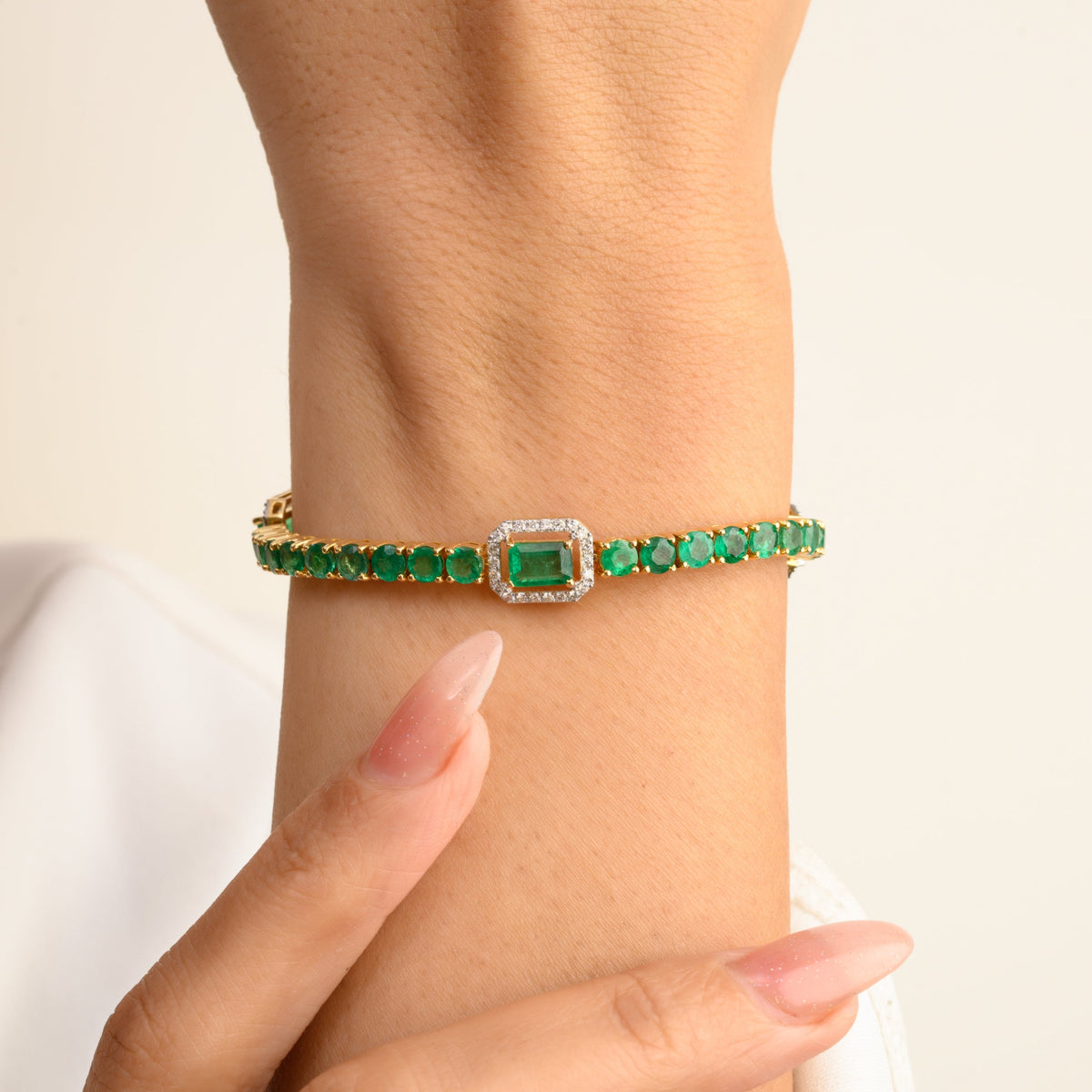 14K Solid Yellow Gold Emerald Diamond Bracelet - vrjewels-us