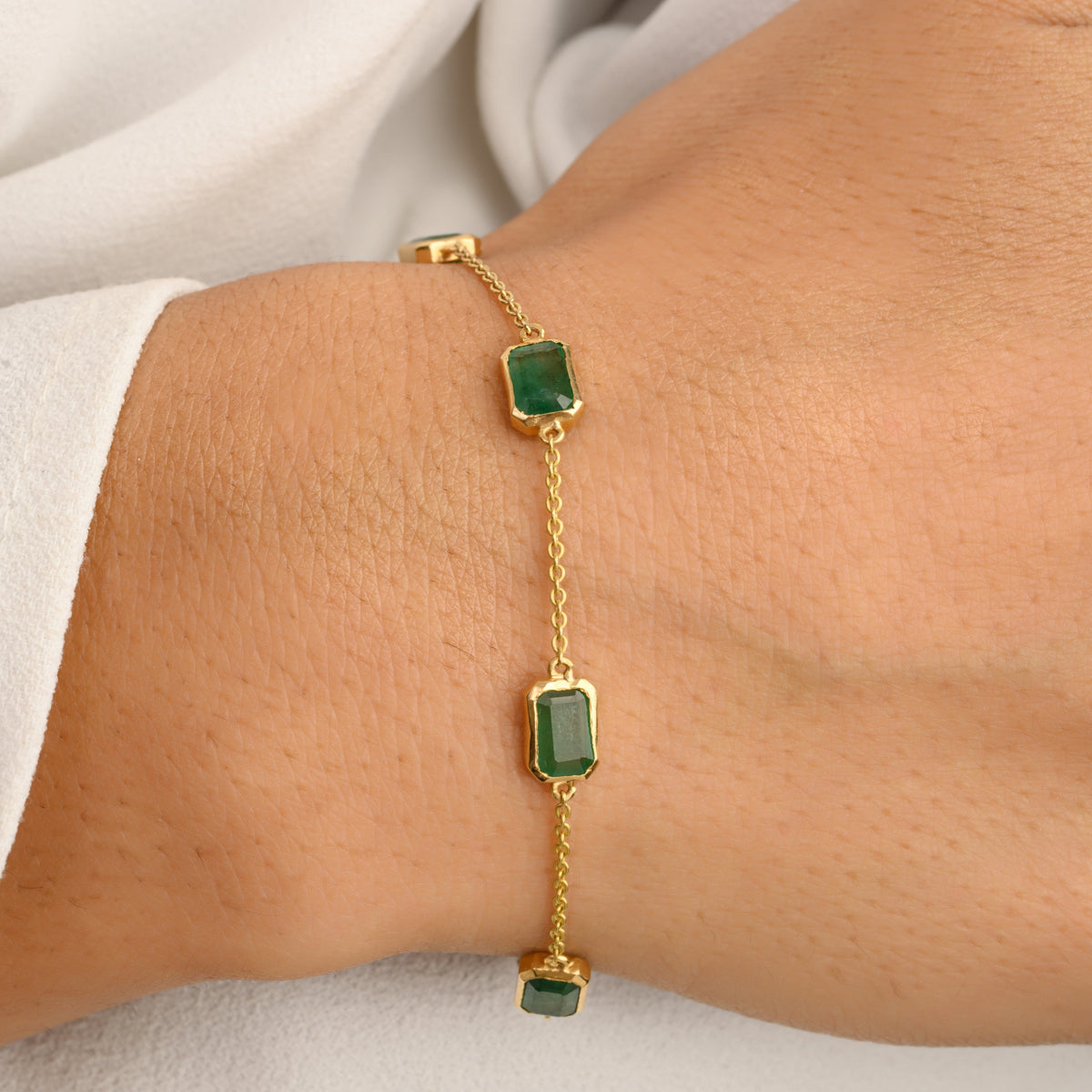 14K Solid Yellow Gold Emerald Chain Bracelet - vrjewels-us