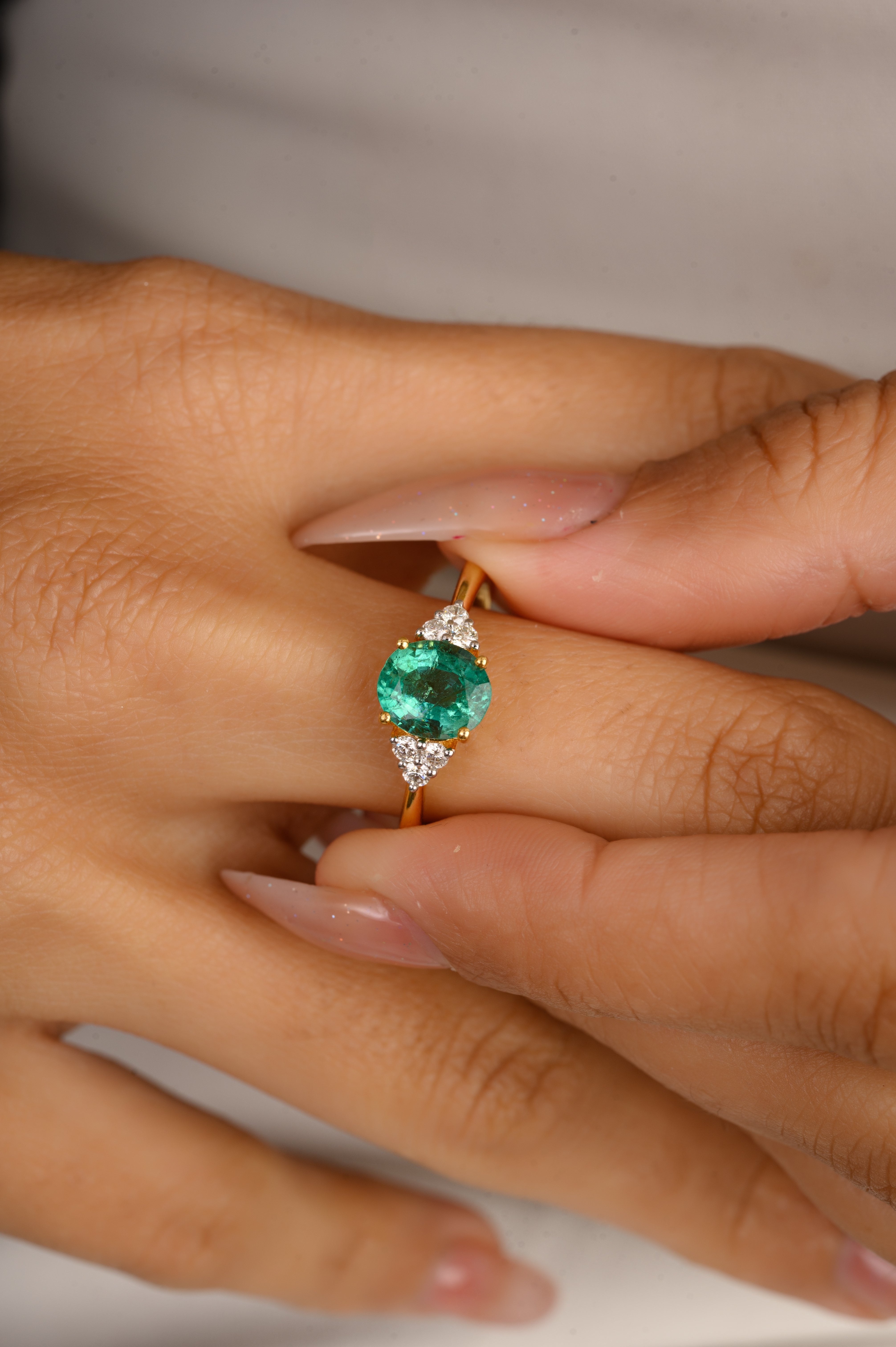 14K Solid Yellow Gold Emerald Diamond Statement Ring