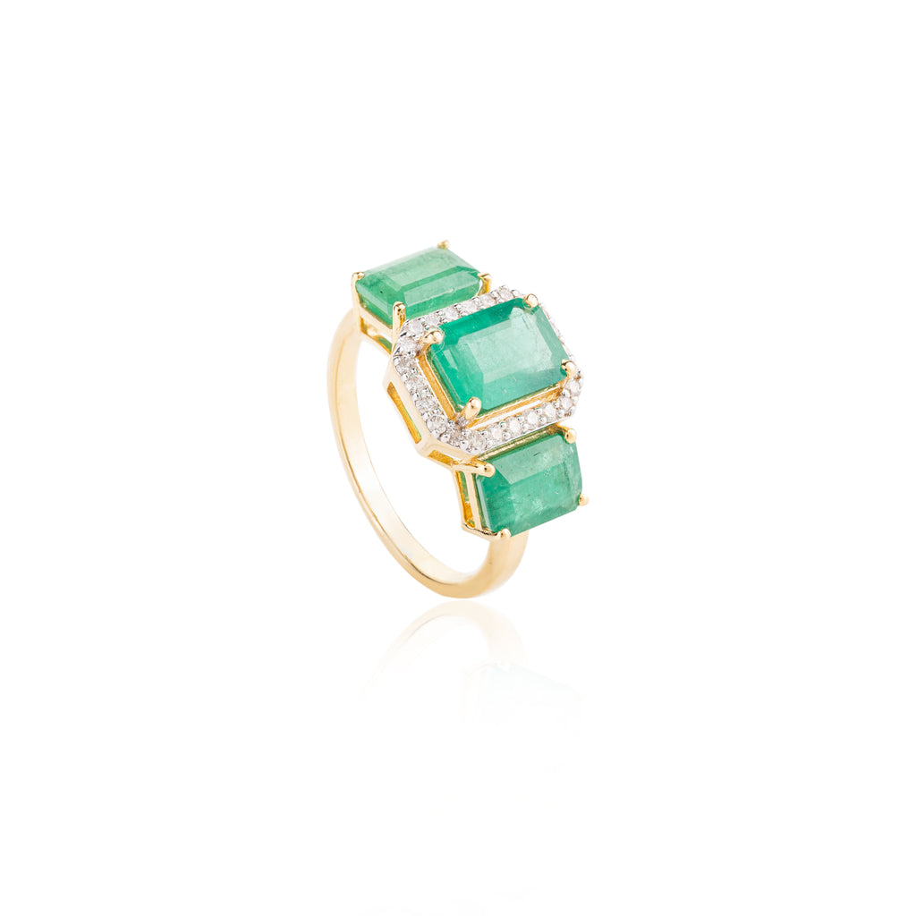 18K Gold Three Stone Emerald Diamond Ring Image