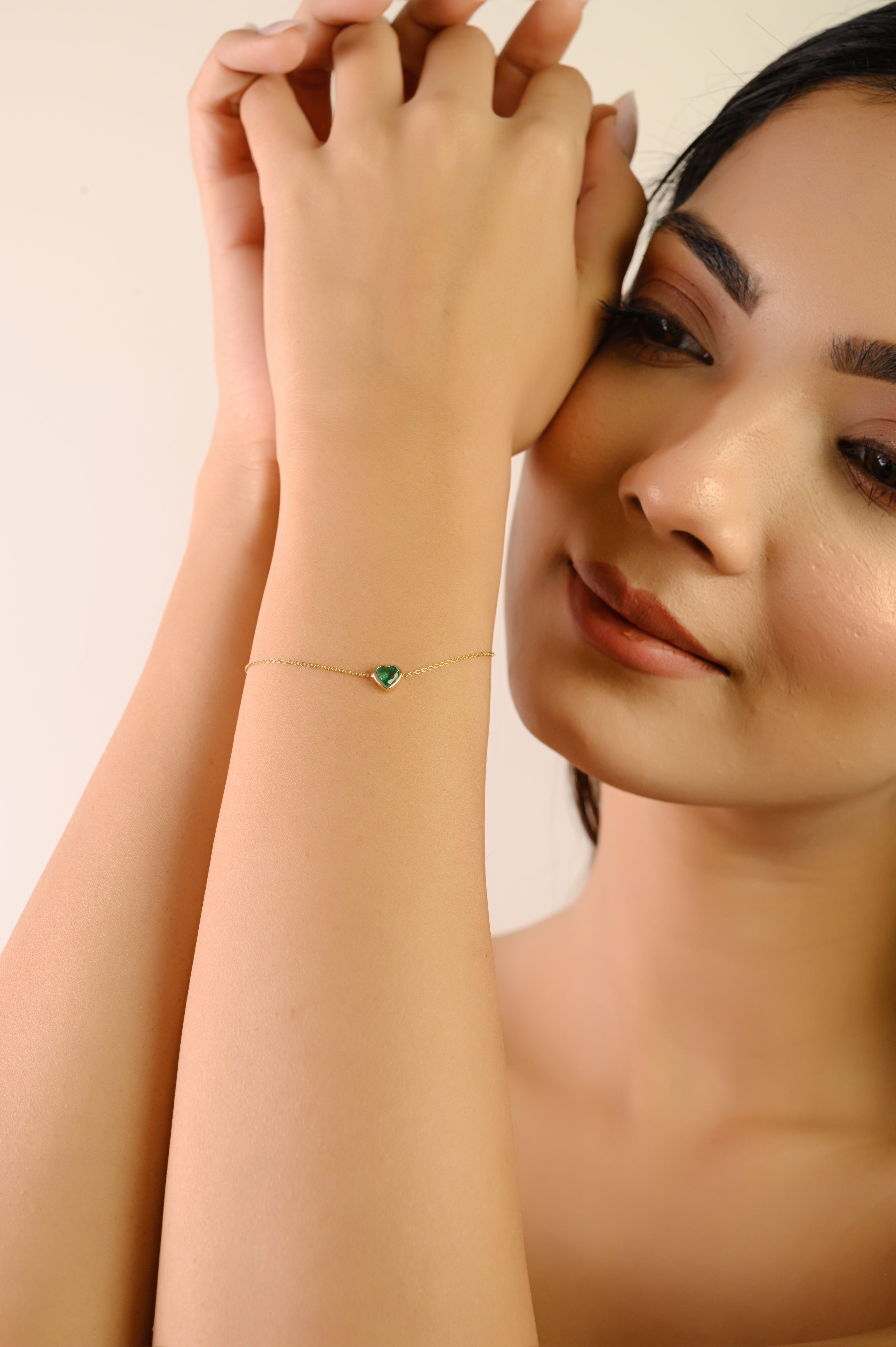 14K Bezel Set Emerald Heart Bracelet For Her