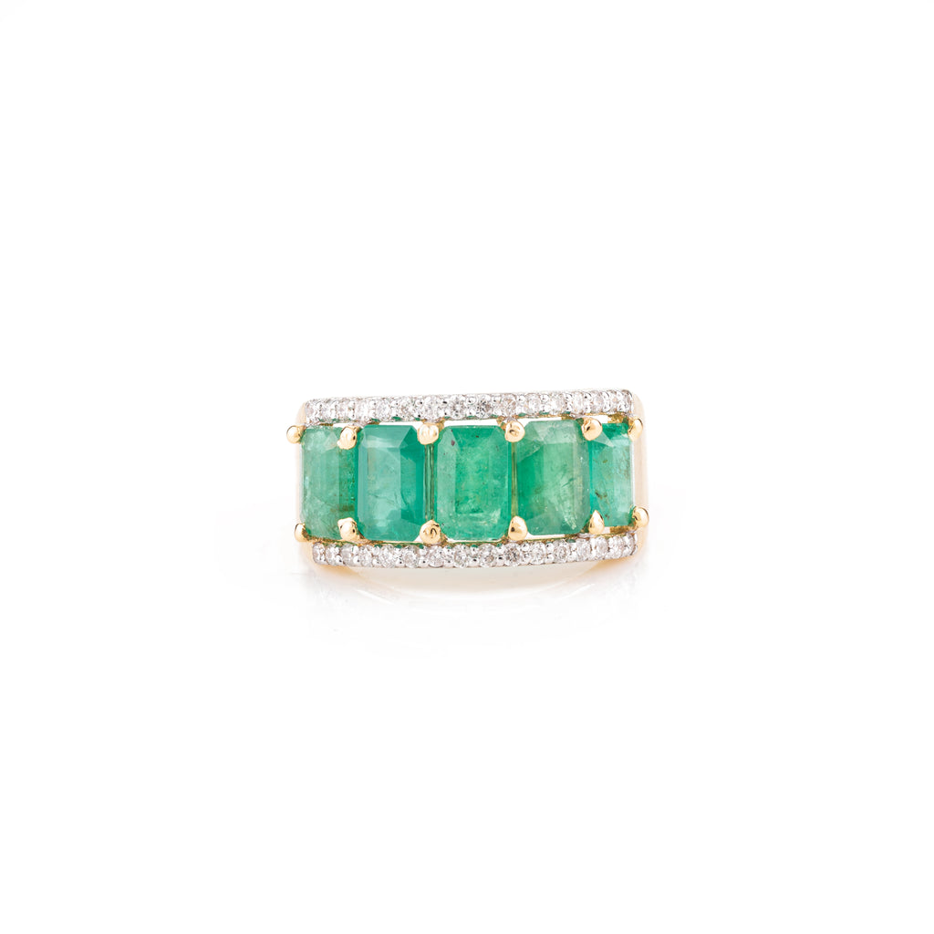 18k Gold Five Stone Emerald Diamond Engagement Band Ring Image